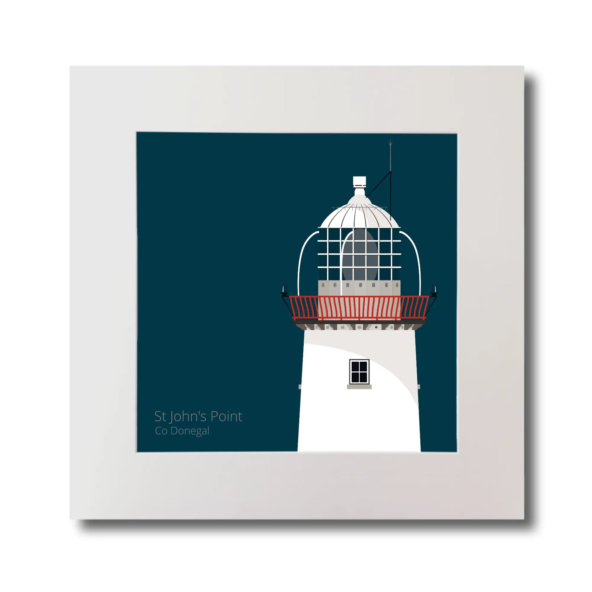 Illustration of St.John's (Donegal) lighthouse on a midnight blue background, mounted and measuring 30x30cm.