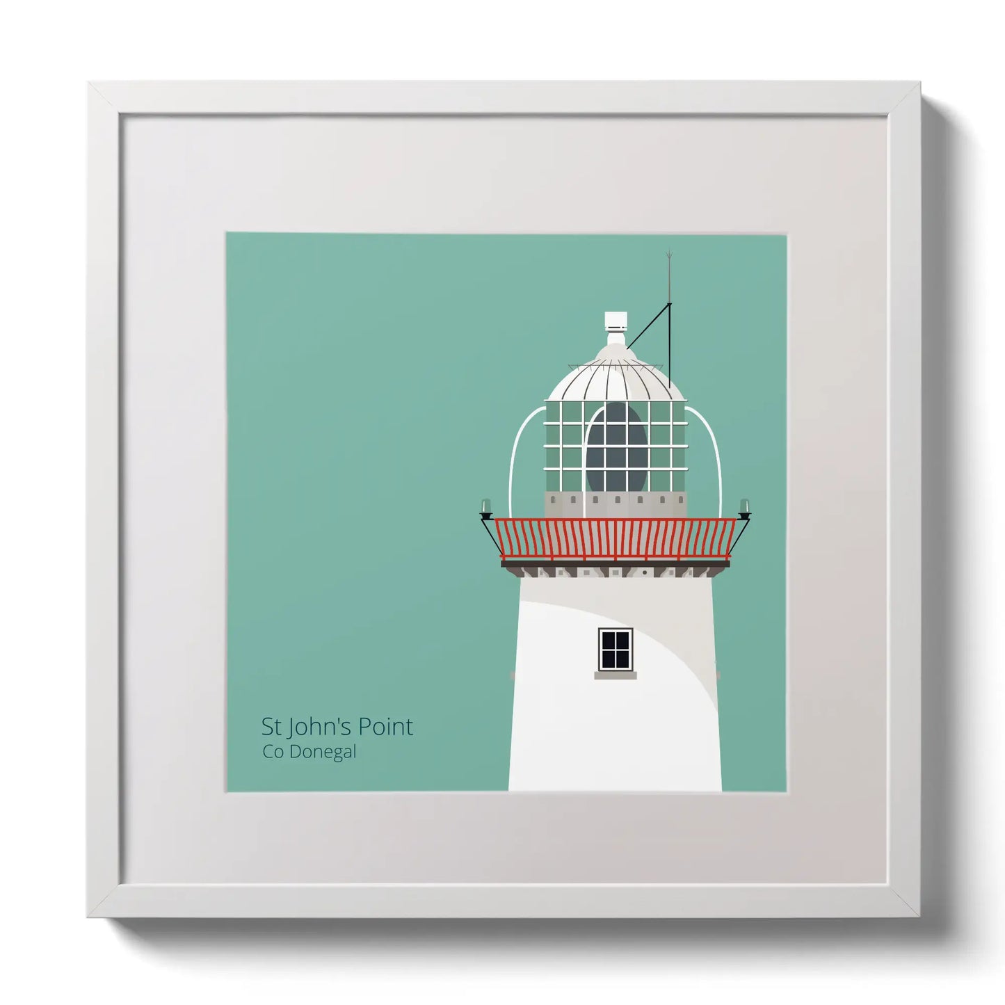 Illustration of St.John's (Donegal) lighthouse on an ocean green background,  in a white square frame measuring 30x30cm.