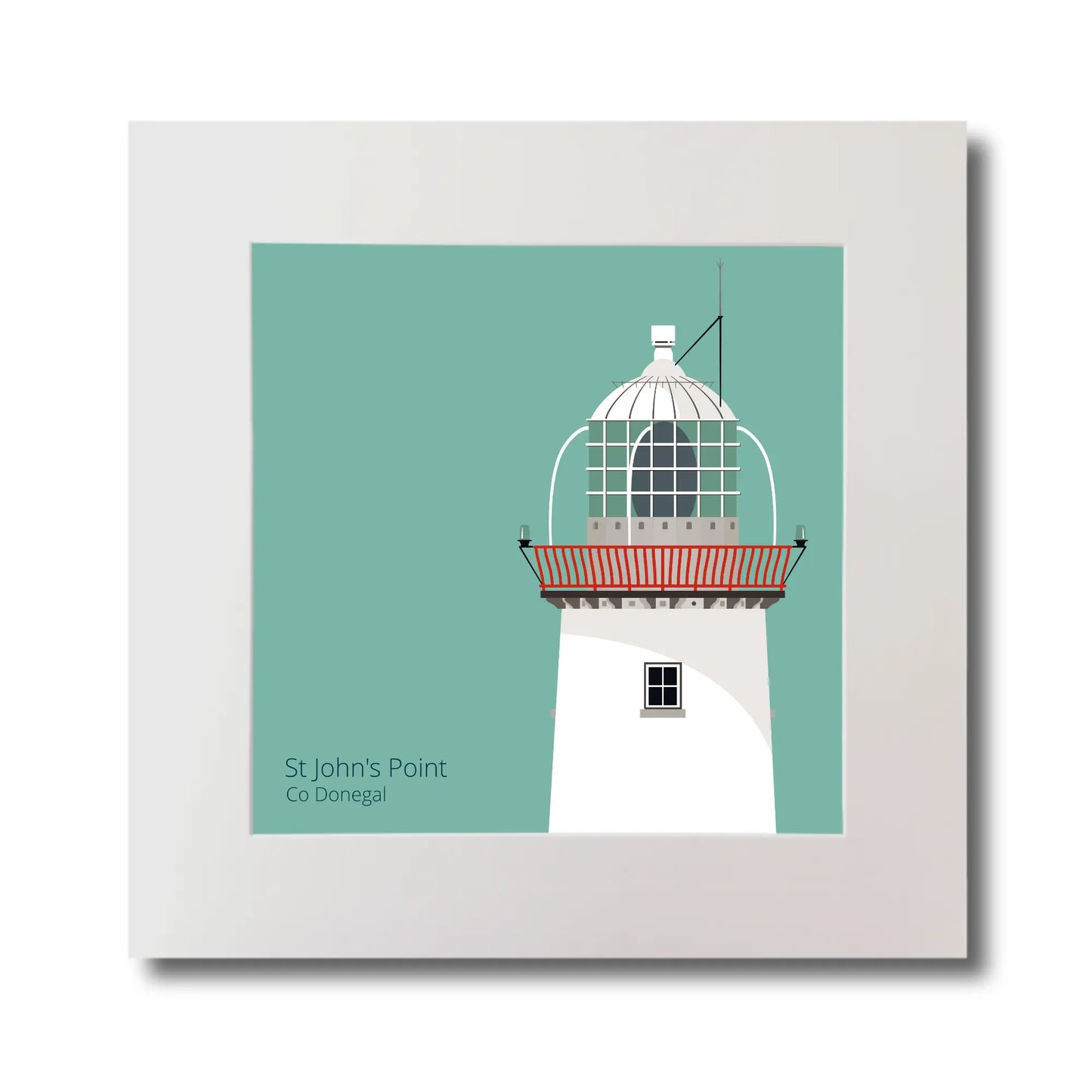 Illustration of St.John's (Donegal) lighthouse on an ocean green background, mounted and measuring 30x30cm.