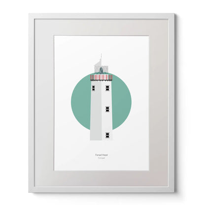 Illustration of Fanad Head lighthouse on a white background inside light blue square,  in a white frame measuring 40x50cm.