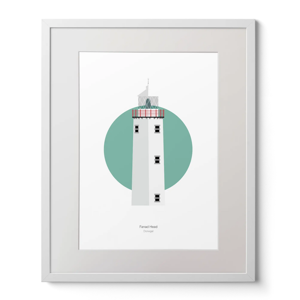 Illustration of Fanad Head lighthouse on a white background inside light blue square,  in a white frame measuring 40x50cm.