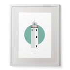 Illustration of Fanad Head lighthouse on a white background inside light blue square,  in a white frame measuring 40x50cm.