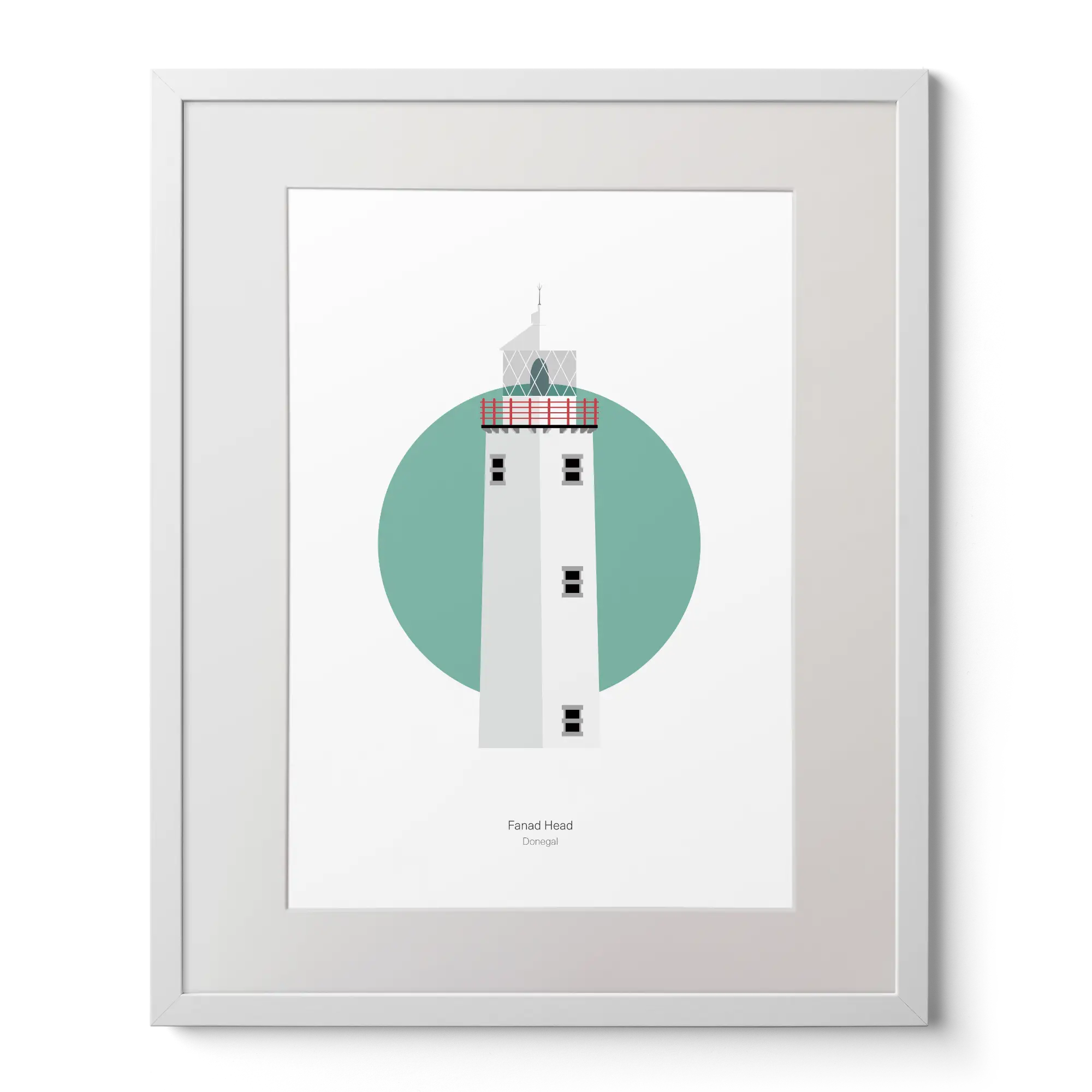 Illustration of Fanad Head lighthouse on a white background inside light blue square,  in a white frame measuring 40x50cm.