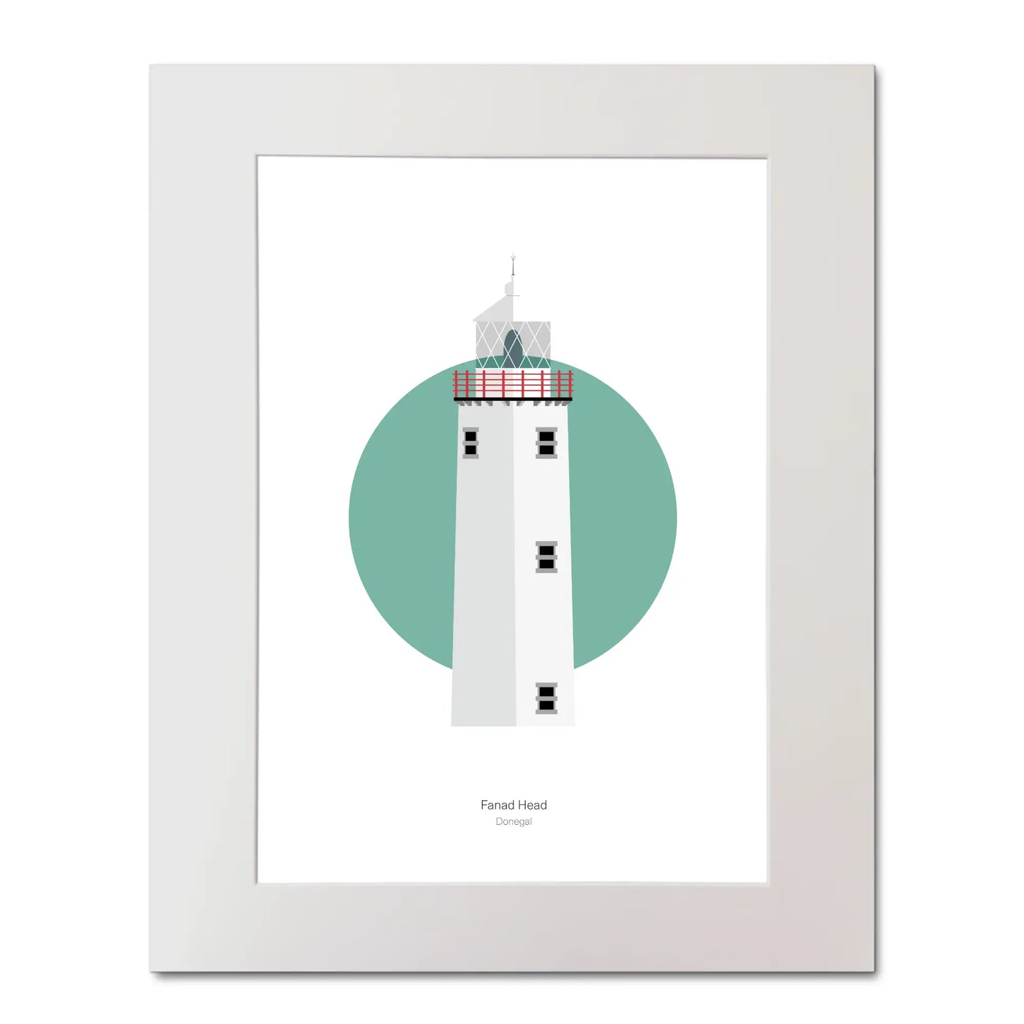 Illustration of Fanad Head lighthouse on a white background inside light blue square, mounted and measuring 40x50cm.