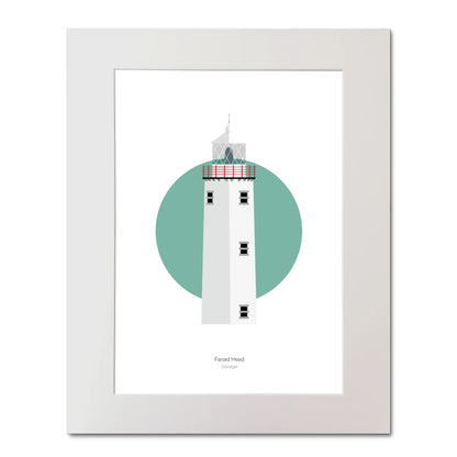 Illustration of Fanad Head lighthouse on a white background inside light blue square, mounted and measuring 40x50cm.