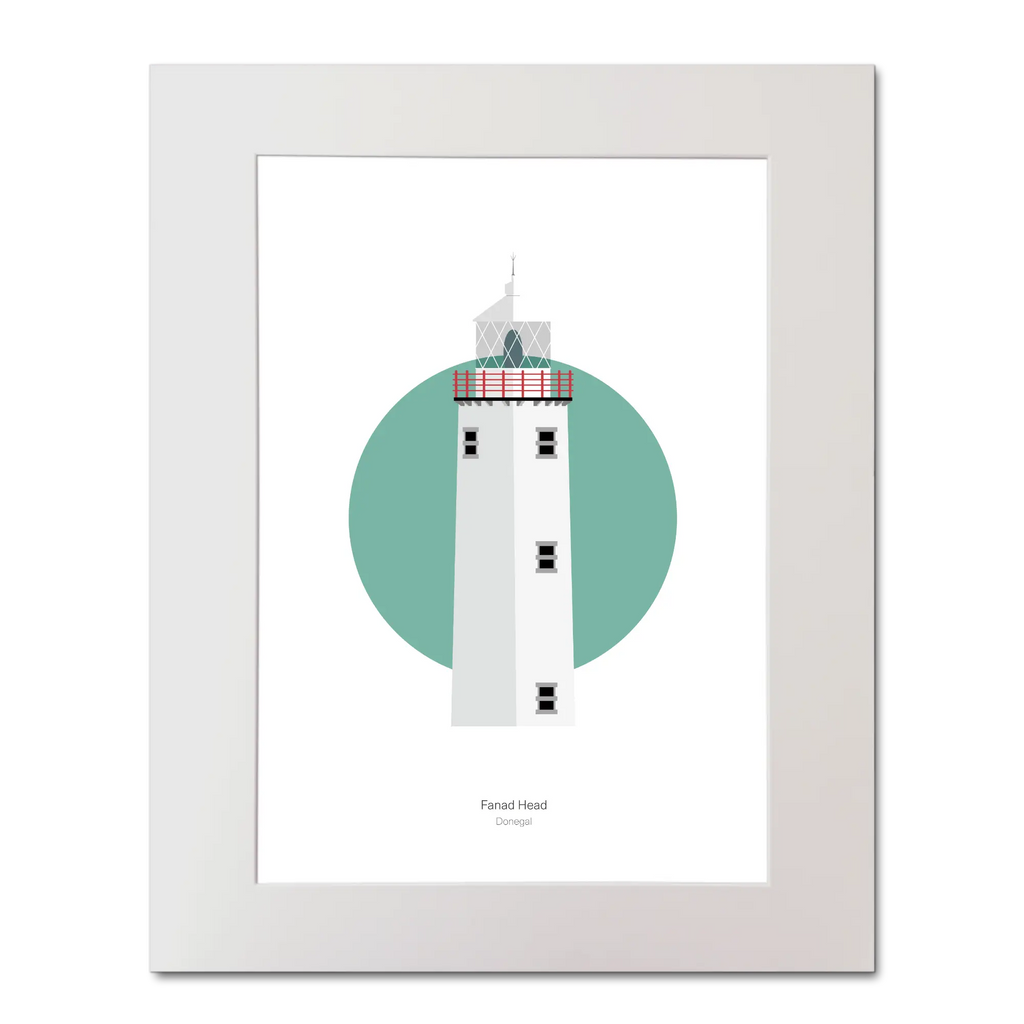 Illustration of Fanad Head lighthouse on a white background inside light blue square, mounted and measuring 40x50cm.