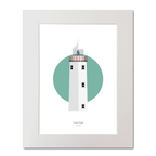 Illustration of Fanad Head lighthouse on a white background inside light blue square, mounted and measuring 40x50cm.