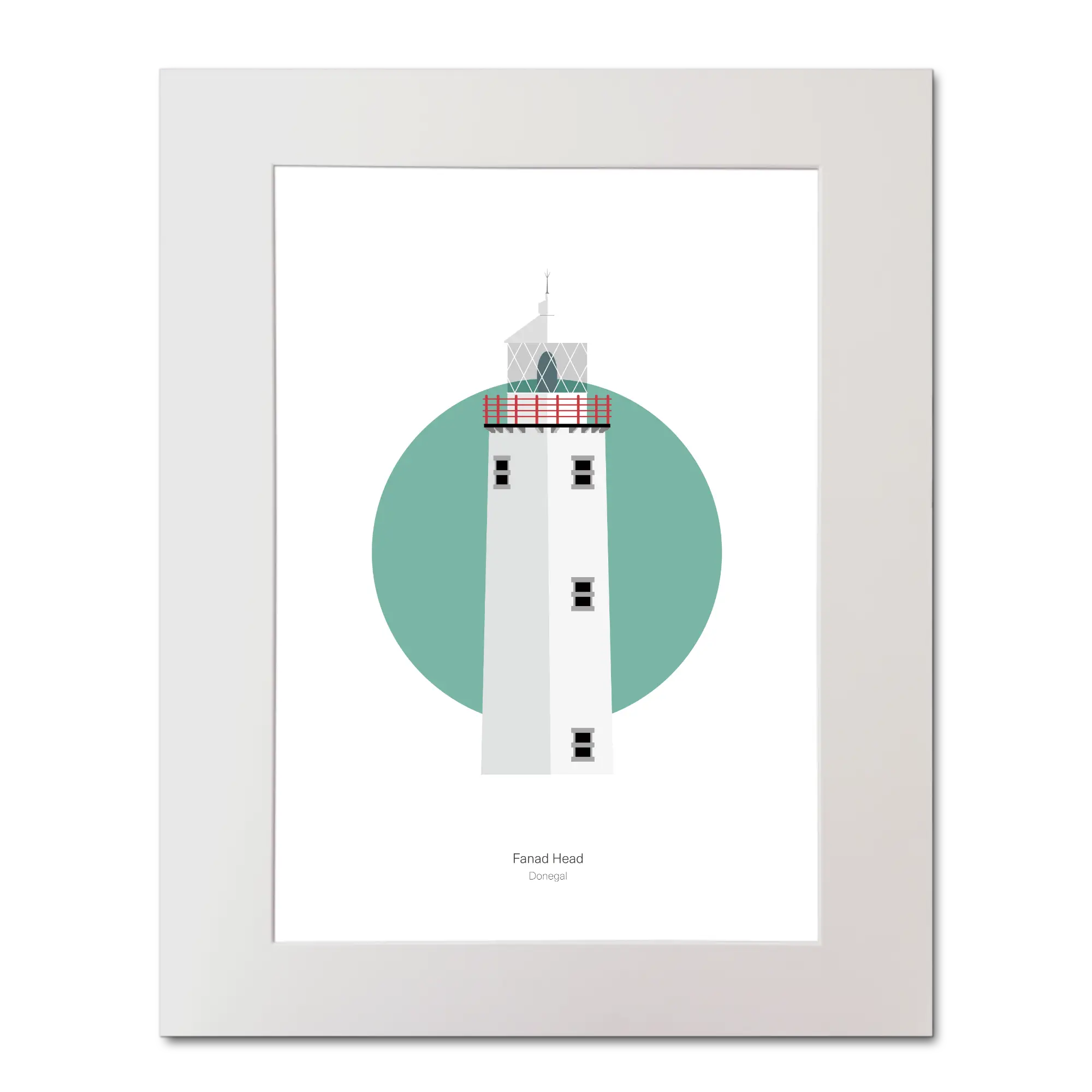 Illustration of Fanad Head lighthouse on a white background inside light blue square, mounted and measuring 40x50cm.