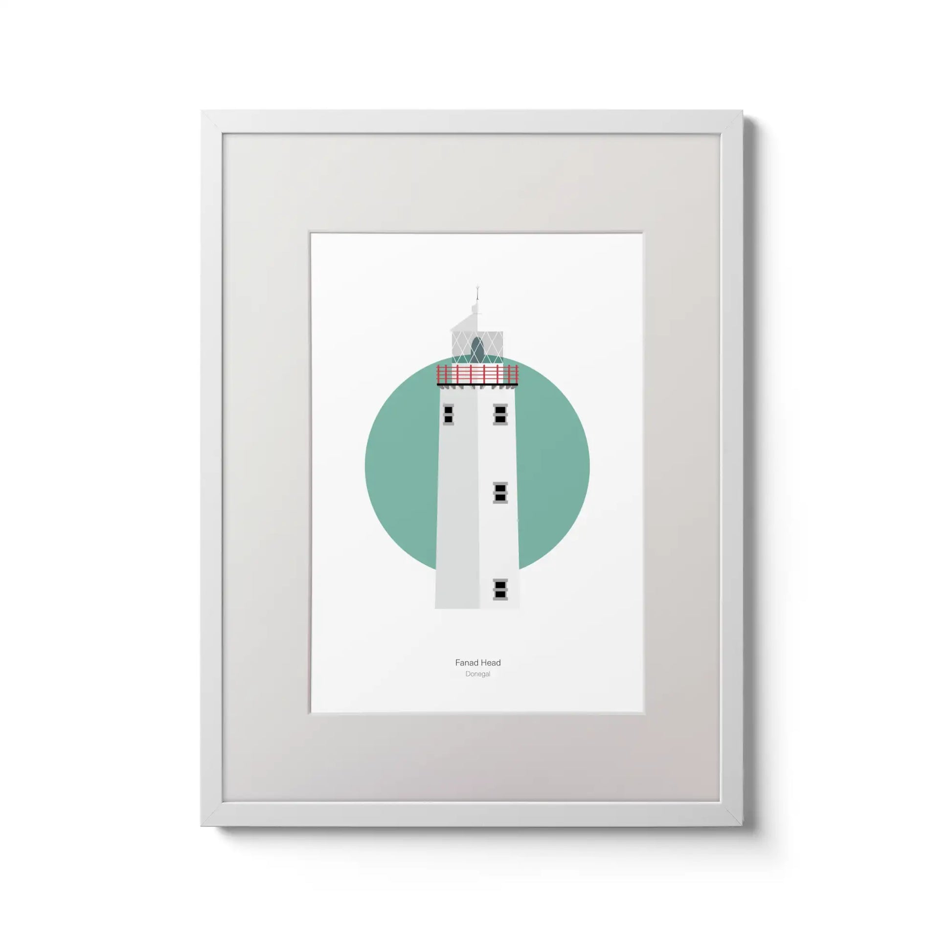 Illustration of Fanad Head lighthouse on a white background inside light blue square,  in a white frame measuring 30x40cm.