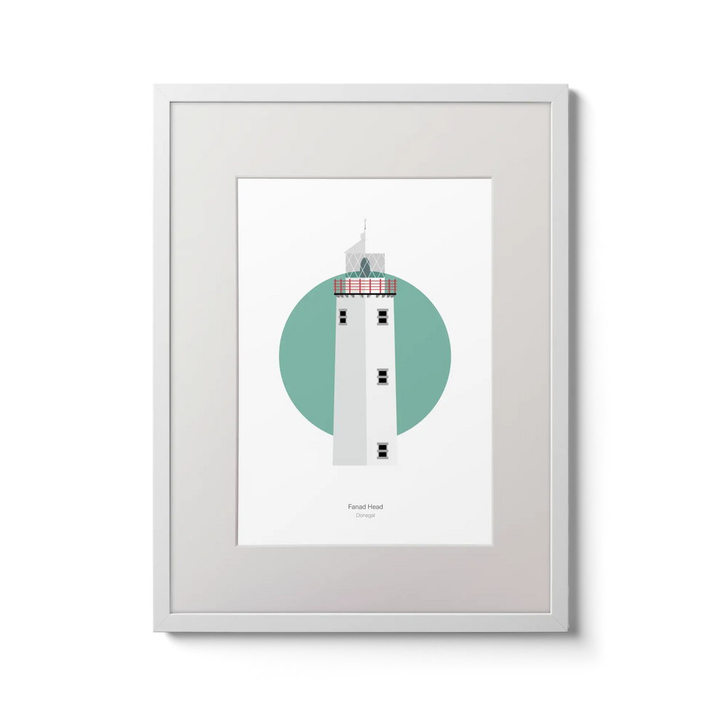 Illustration of Fanad Head lighthouse on a white background inside light blue square,  in a white frame measuring 30x40cm.