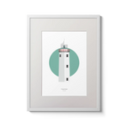 Illustration of Fanad Head lighthouse on a white background inside light blue square,  in a white frame measuring 30x40cm.