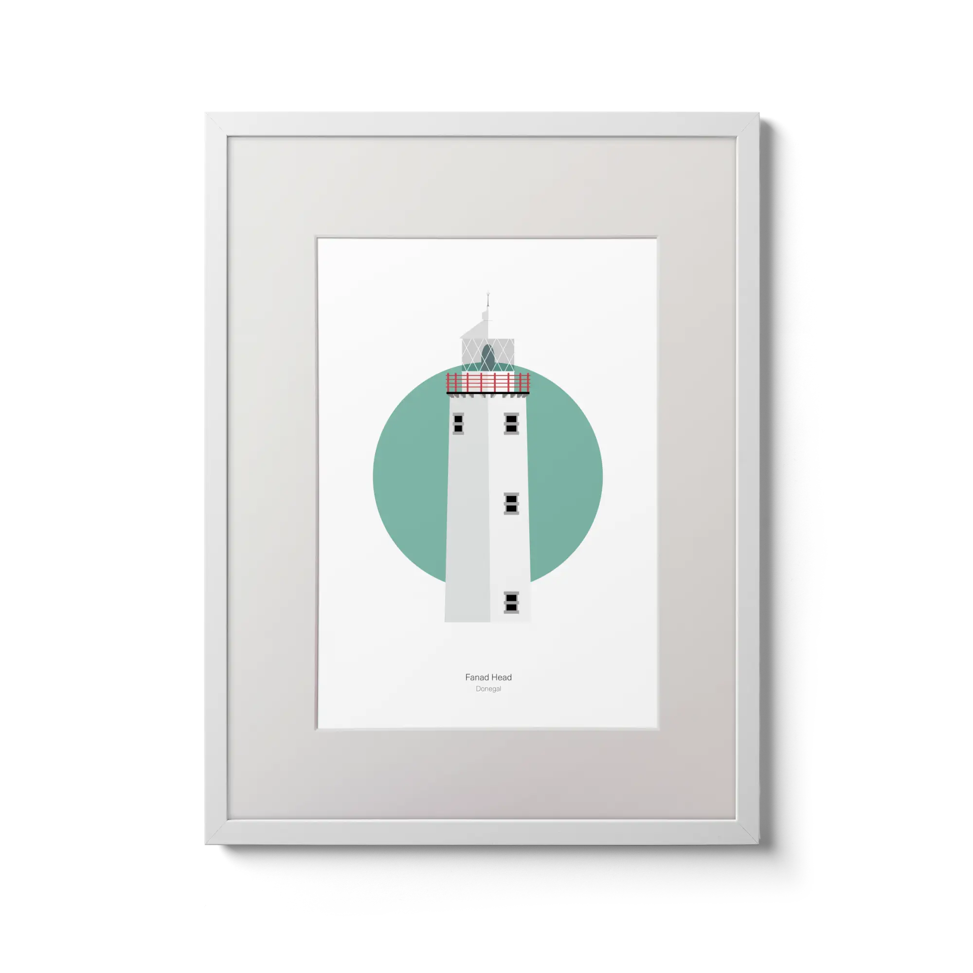 Illustration of Fanad Head lighthouse on a white background inside light blue square,  in a white frame measuring 30x40cm.