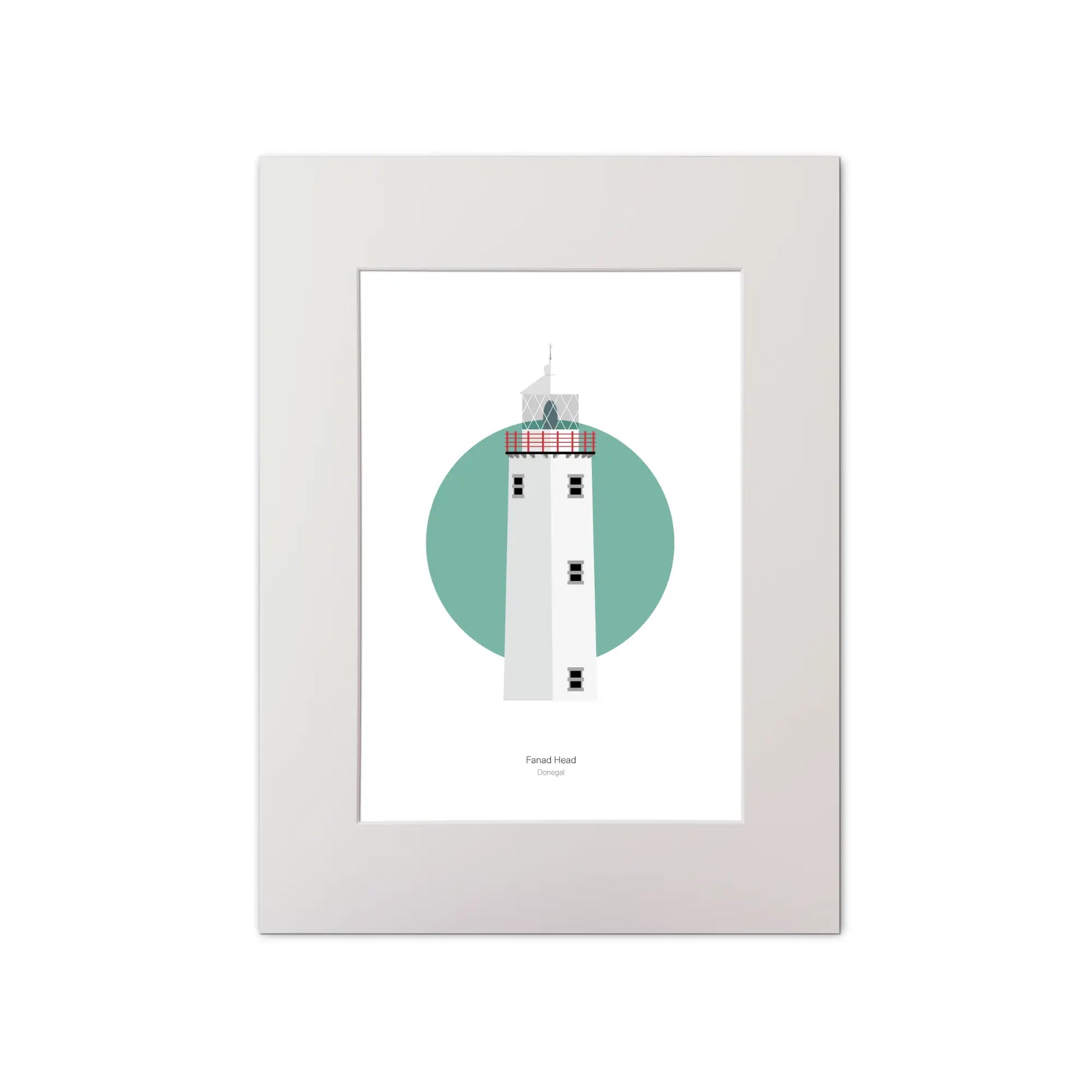 Illustration of Fanad Head lighthouse on a white background inside light blue square, mounted and measuring 30x40cm.