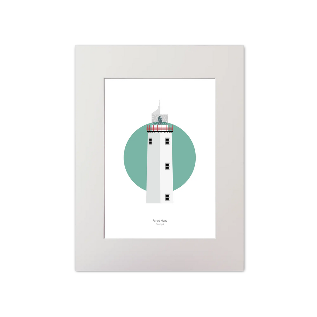 Illustration of Fanad Head lighthouse on a white background inside light blue square, mounted and measuring 30x40cm.