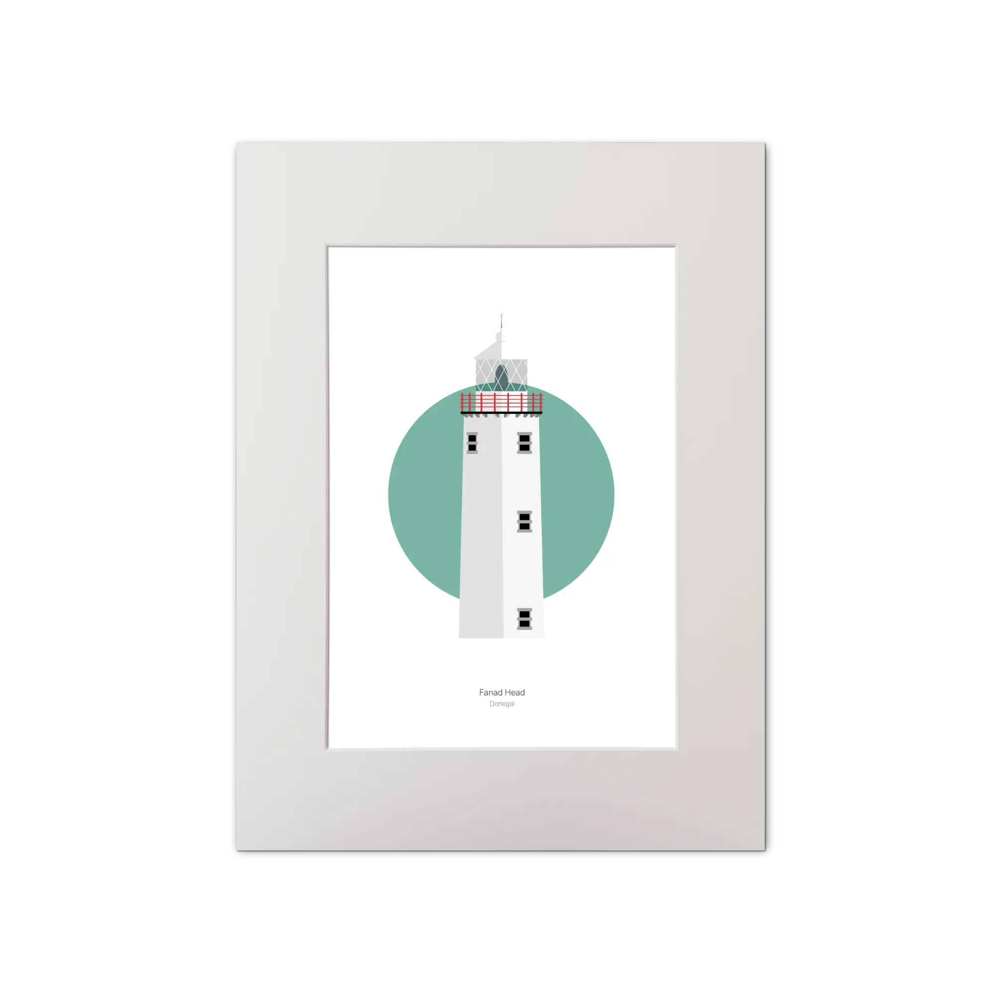 Illustration of Fanad Head lighthouse on a white background inside light blue square, mounted and measuring 30x40cm.