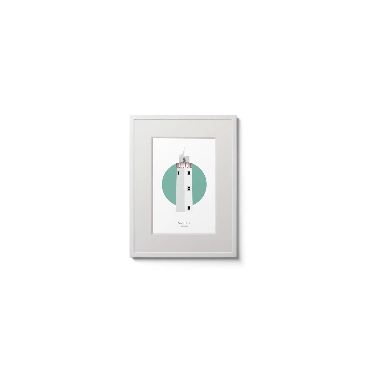 Illustration of Fanad Head lighthouse on a white background inside light blue square,  in a white frame measuring 15x20cm.