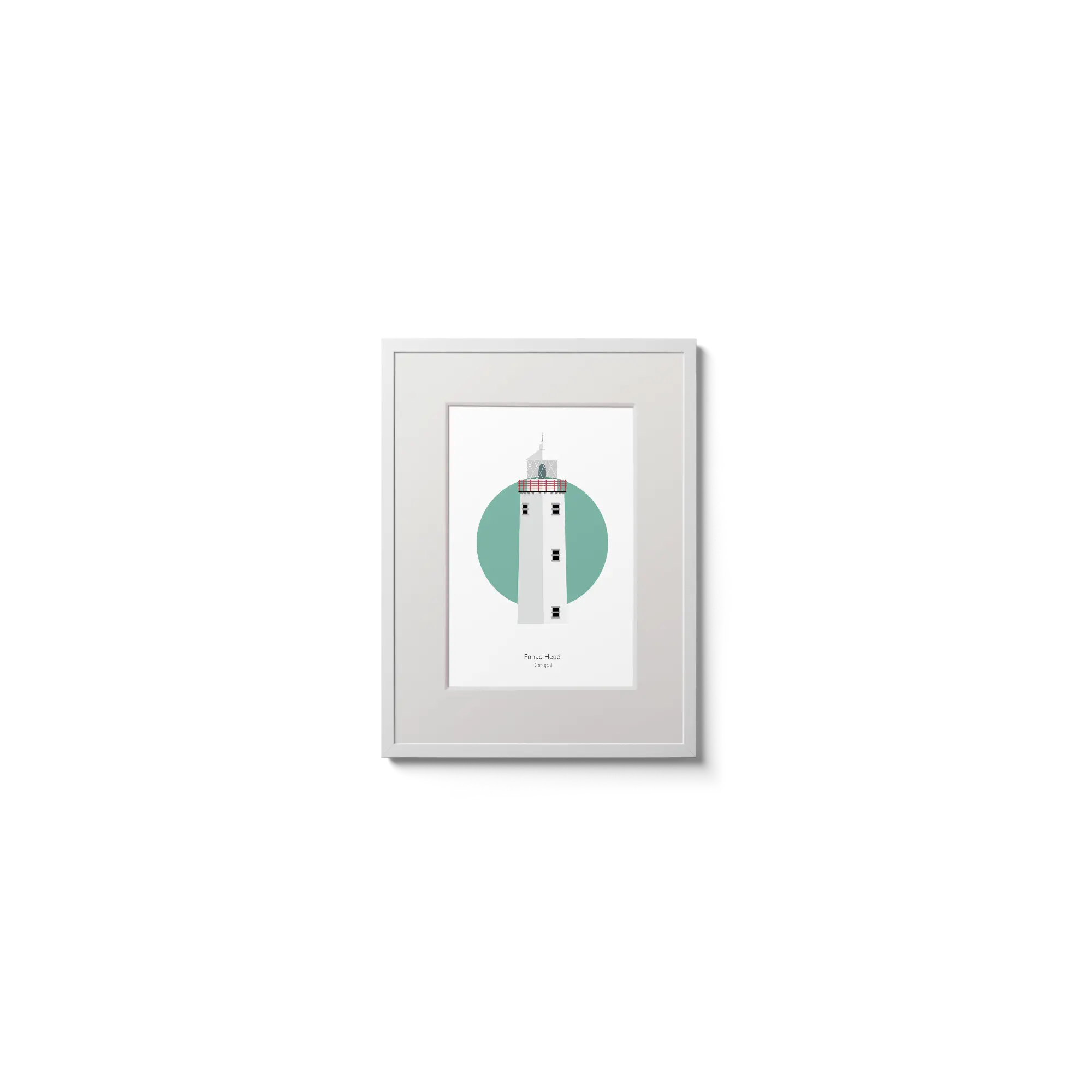 Illustration of Fanad Head lighthouse on a white background inside light blue square,  in a white frame measuring 15x20cm.
