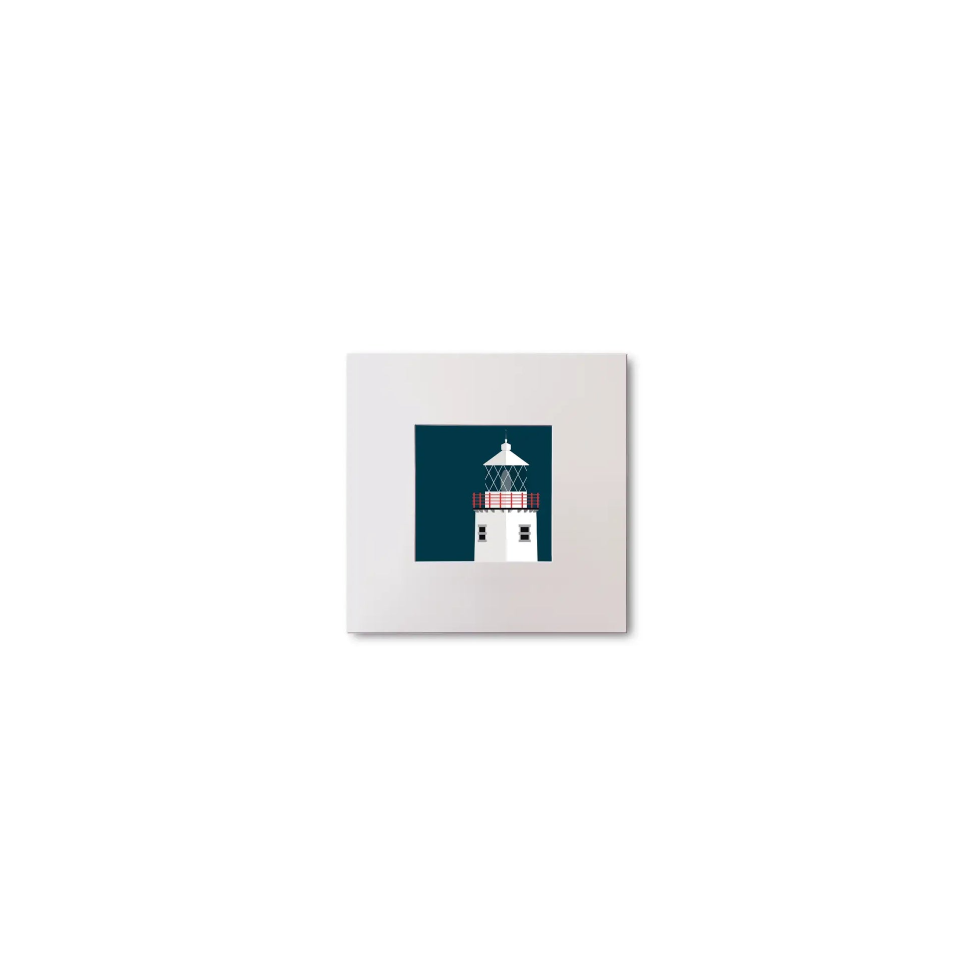 Illustration of Fanad Head lighthouse on a midnight blue background, mounted and measuring 10x10cm.