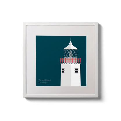Illustration of Fanad Head lighthouse on a midnight blue background,  in a white square frame measuring 20x20cm.