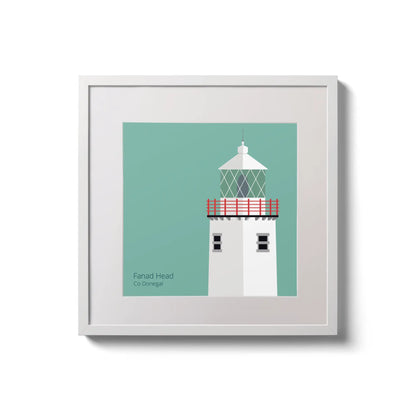 Illustration of Fanad Head lighthouse on an ocean green background,  in a white square frame measuring 20x20cm.
