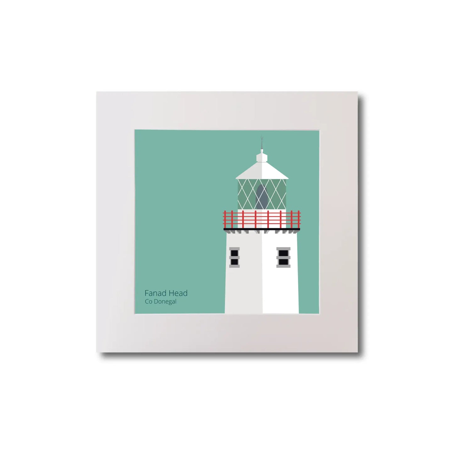 Illustration of Fanad Head lighthouse on an ocean green background, mounted and measuring 20x20cm.
