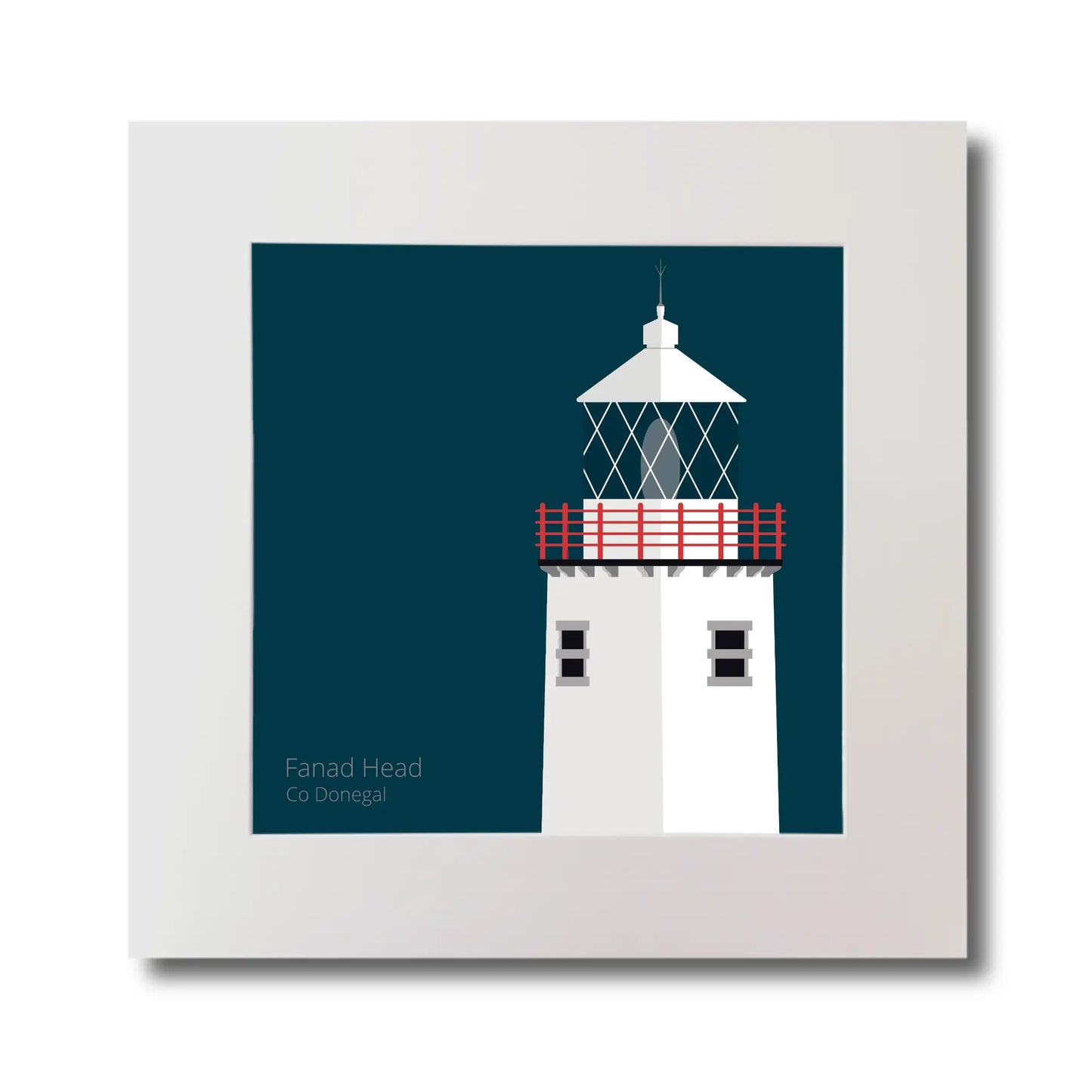 Illustration of Fanad Head lighthouse on a midnight blue background, mounted and measuring 30x30cm.