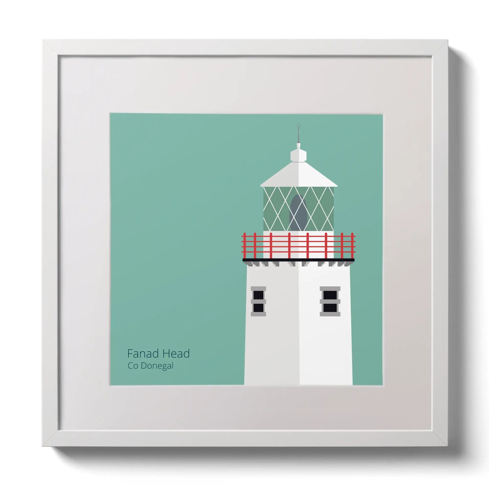 Illustration of Fanad Head lighthouse on an ocean green background,  in a white square frame measuring 30x30cm.