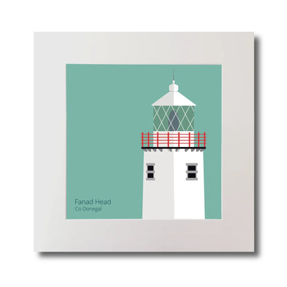 Illustration of Fanad Head lighthouse on an ocean green background, mounted and measuring 30x30cm.