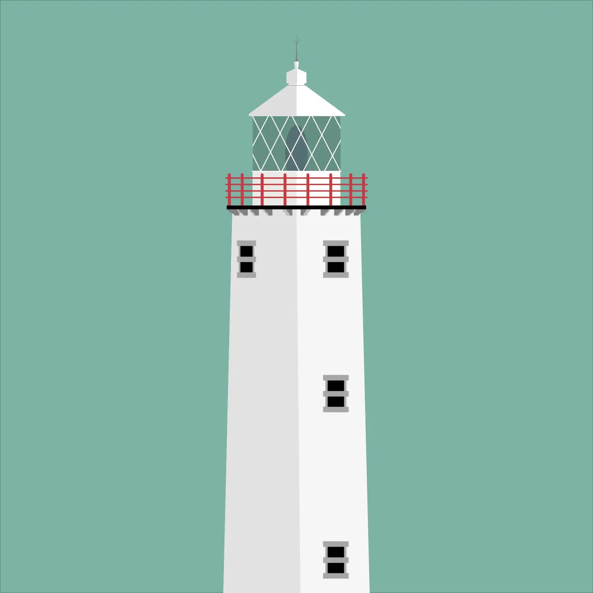 Illustration of Fanad Head lighthouse on a white background inside light blue square.