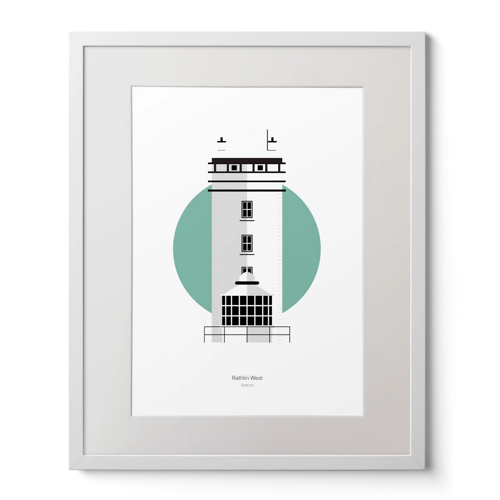 Illustration of Rathlin West lighthouse on a white background inside light blue square,  in a white frame measuring 40x50cm.