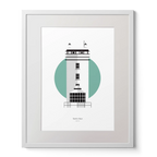 Illustration of Rathlin West lighthouse on a white background inside light blue square,  in a white frame measuring 40x50cm.