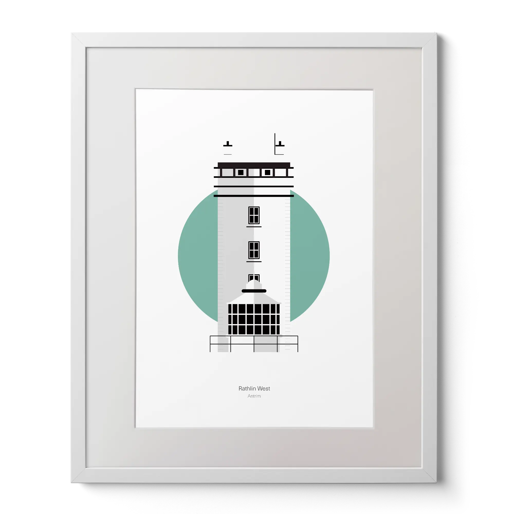 Illustration of Rathlin West lighthouse on a white background inside light blue square,  in a white frame measuring 40x50cm.