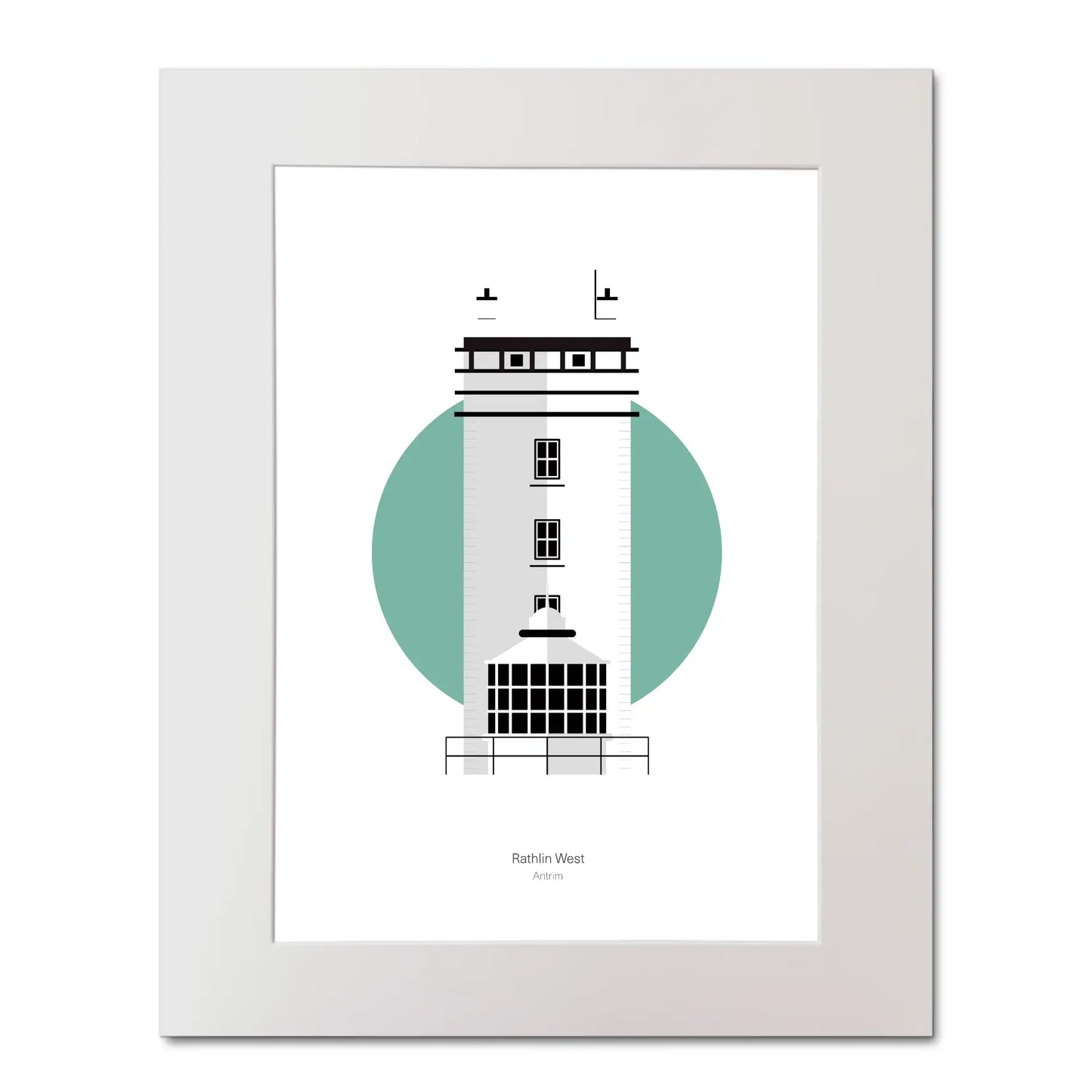 Illustration of Rathlin West lighthouse on a white background inside light blue square, mounted and measuring 40x50cm.
