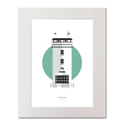 Illustration of Rathlin West lighthouse on a white background inside light blue square, mounted and measuring 40x50cm.