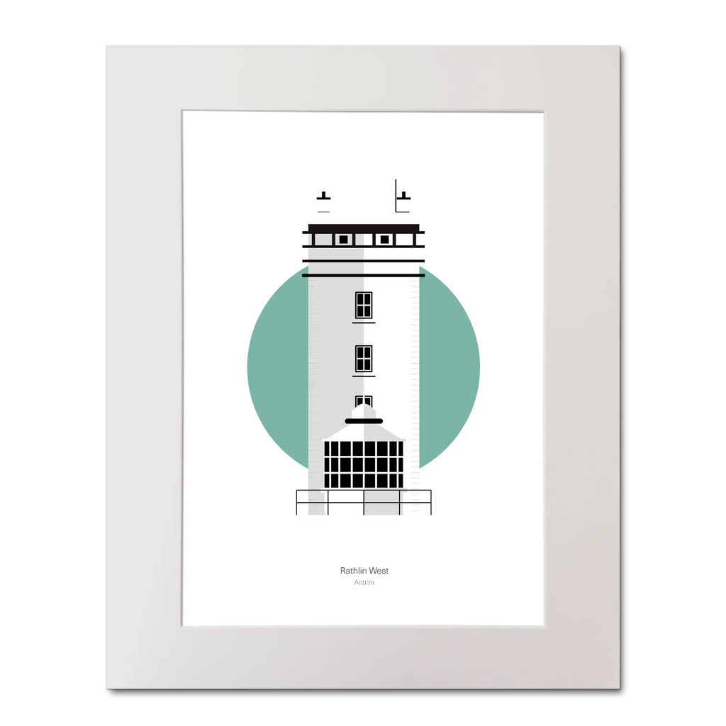 Illustration of Rathlin West lighthouse on a white background inside light blue square, mounted and measuring 40x50cm.