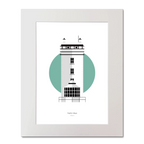 Illustration of Rathlin West lighthouse on a white background inside light blue square, mounted and measuring 40x50cm.