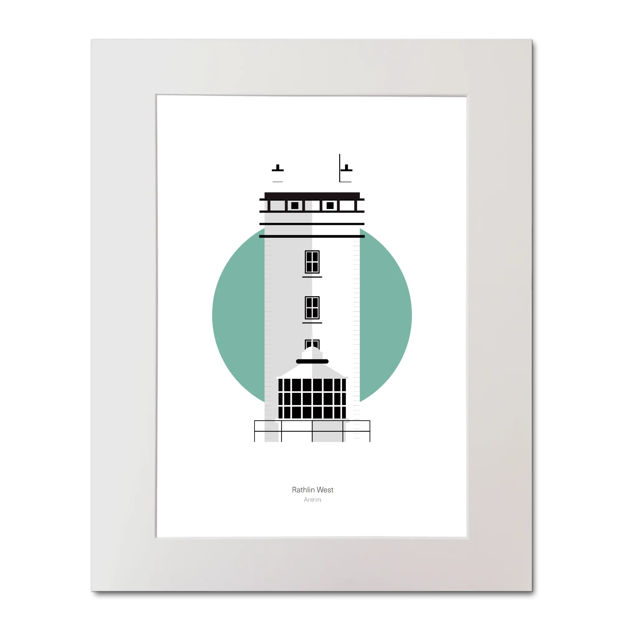 Illustration of Rathlin West lighthouse on a white background inside light blue square, mounted and measuring 40x50cm.