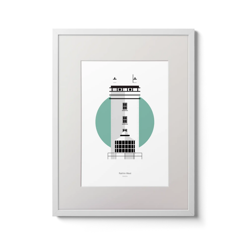 Illustration of Rathlin West lighthouse on a white background inside light blue square,  in a white frame measuring 30x40cm.