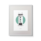 Illustration of Rathlin West lighthouse on a white background inside light blue square,  in a white frame measuring 30x40cm.