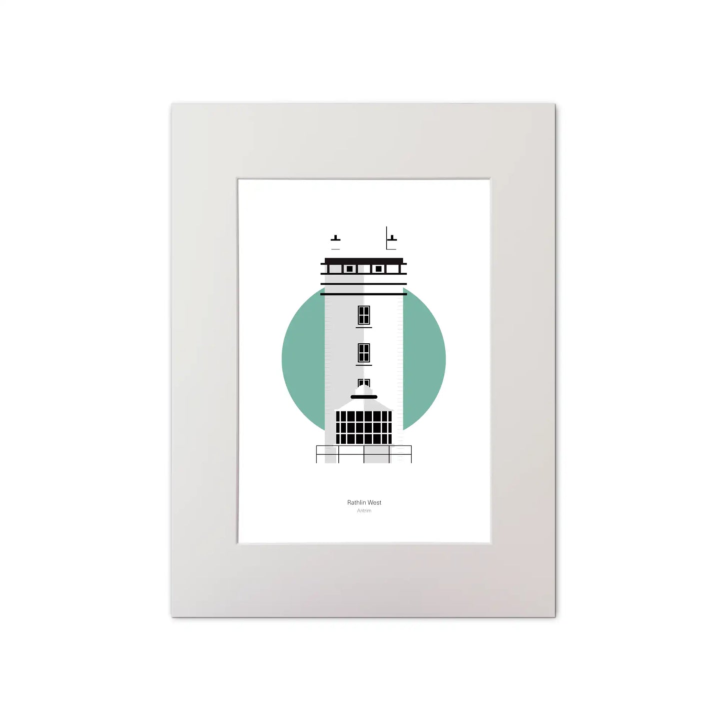 Illustration of Rathlin West lighthouse on a white background inside light blue square, mounted and measuring 30x40cm.