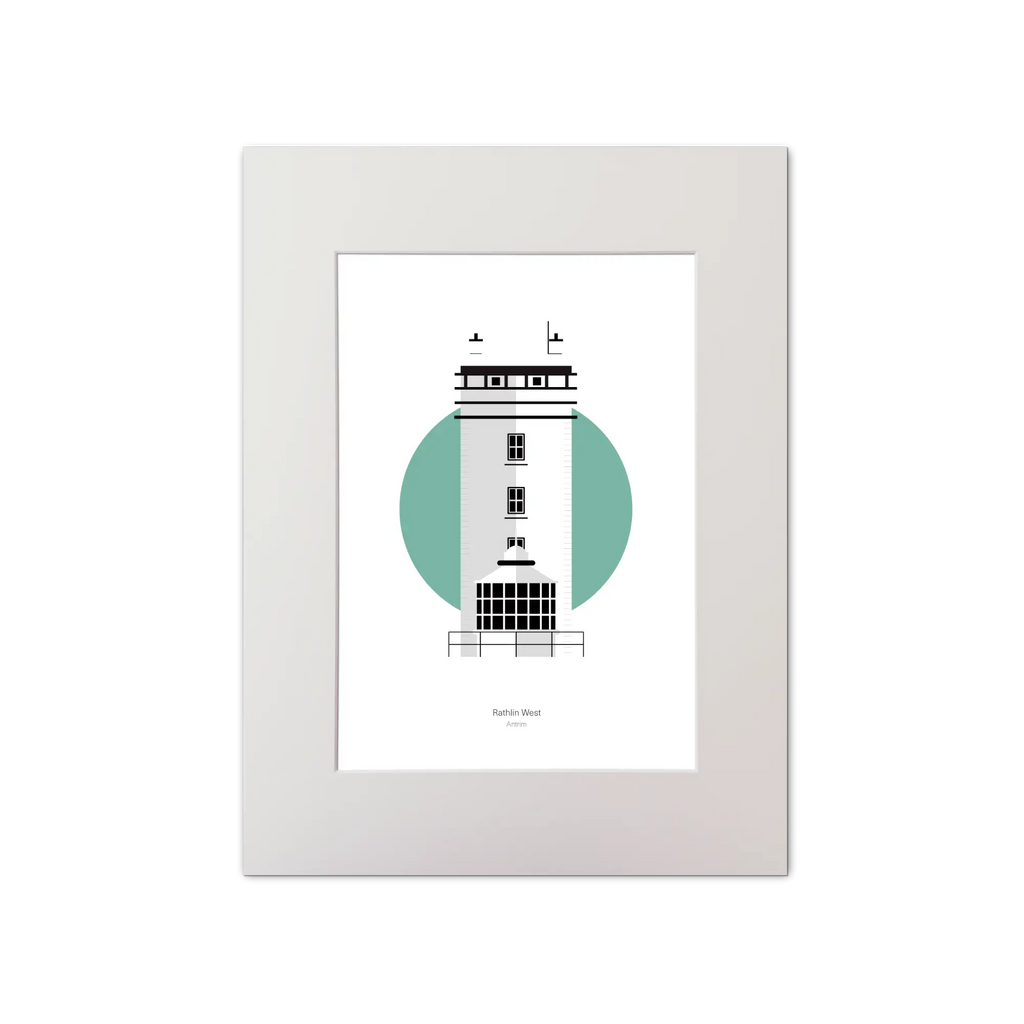Illustration of Rathlin West lighthouse on a white background inside light blue square, mounted and measuring 30x40cm.