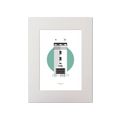 Illustration of Rathlin West lighthouse on a white background inside light blue square, mounted and measuring 30x40cm.
