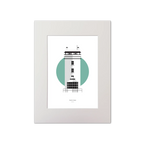 Illustration of Rathlin West lighthouse on a white background inside light blue square, mounted and measuring 30x40cm.