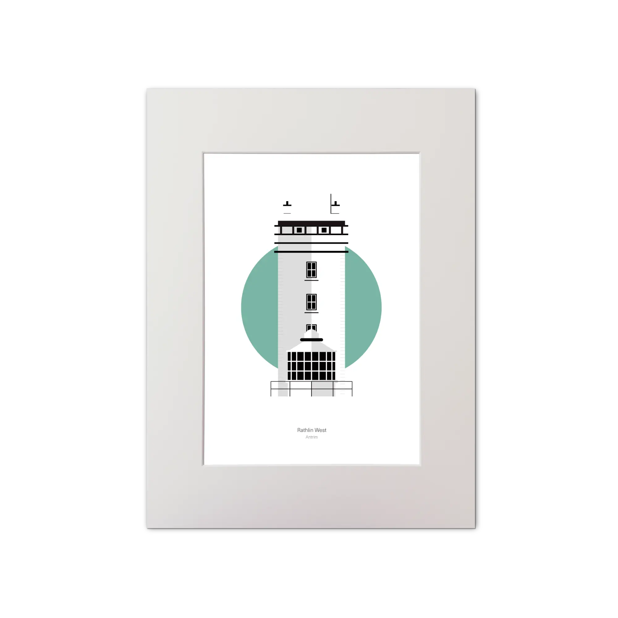 Illustration of Rathlin West lighthouse on a white background inside light blue square, mounted and measuring 30x40cm.