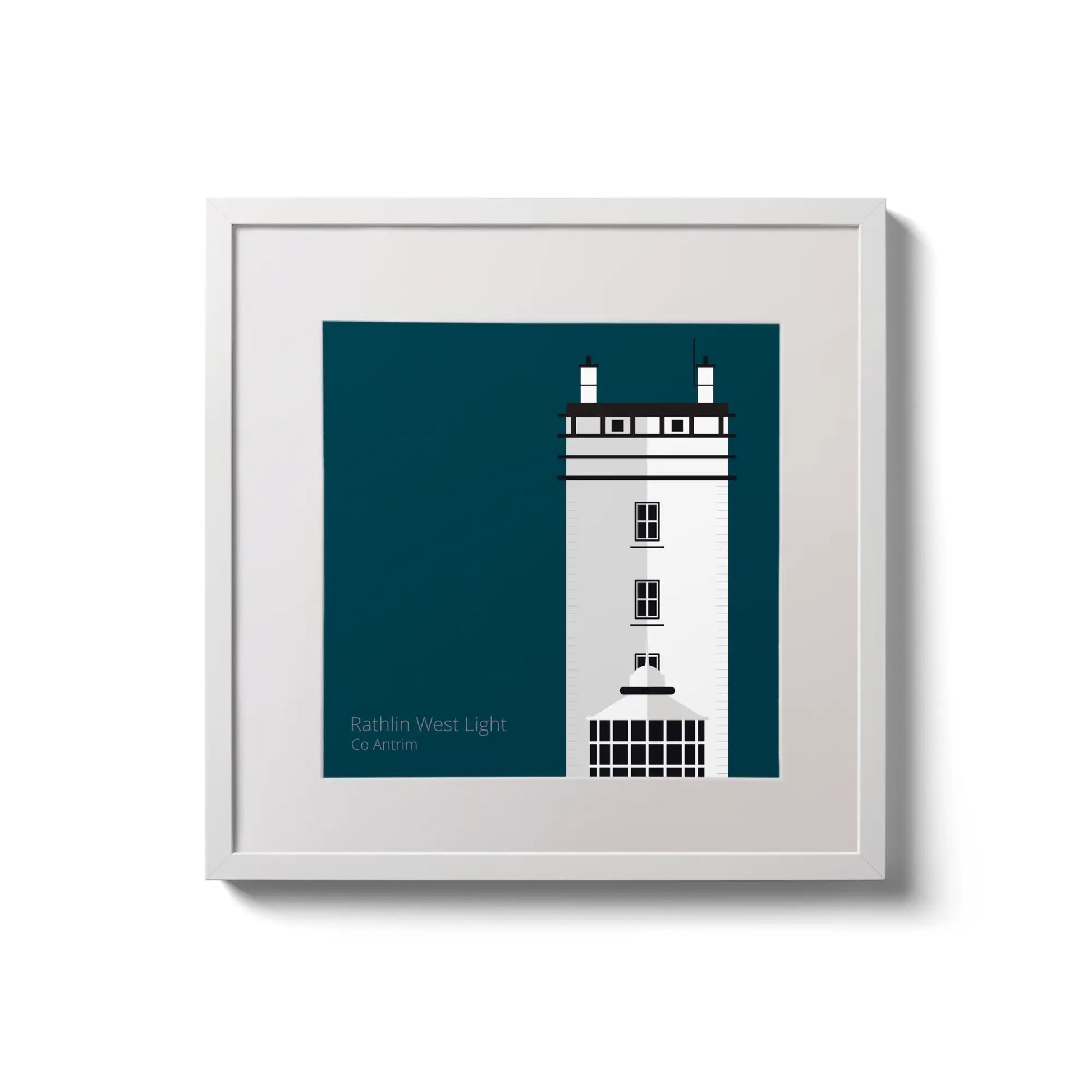 Illustration of Rathlin West lighthouse on a midnight blue background,  in a white square frame measuring 20x20cm.