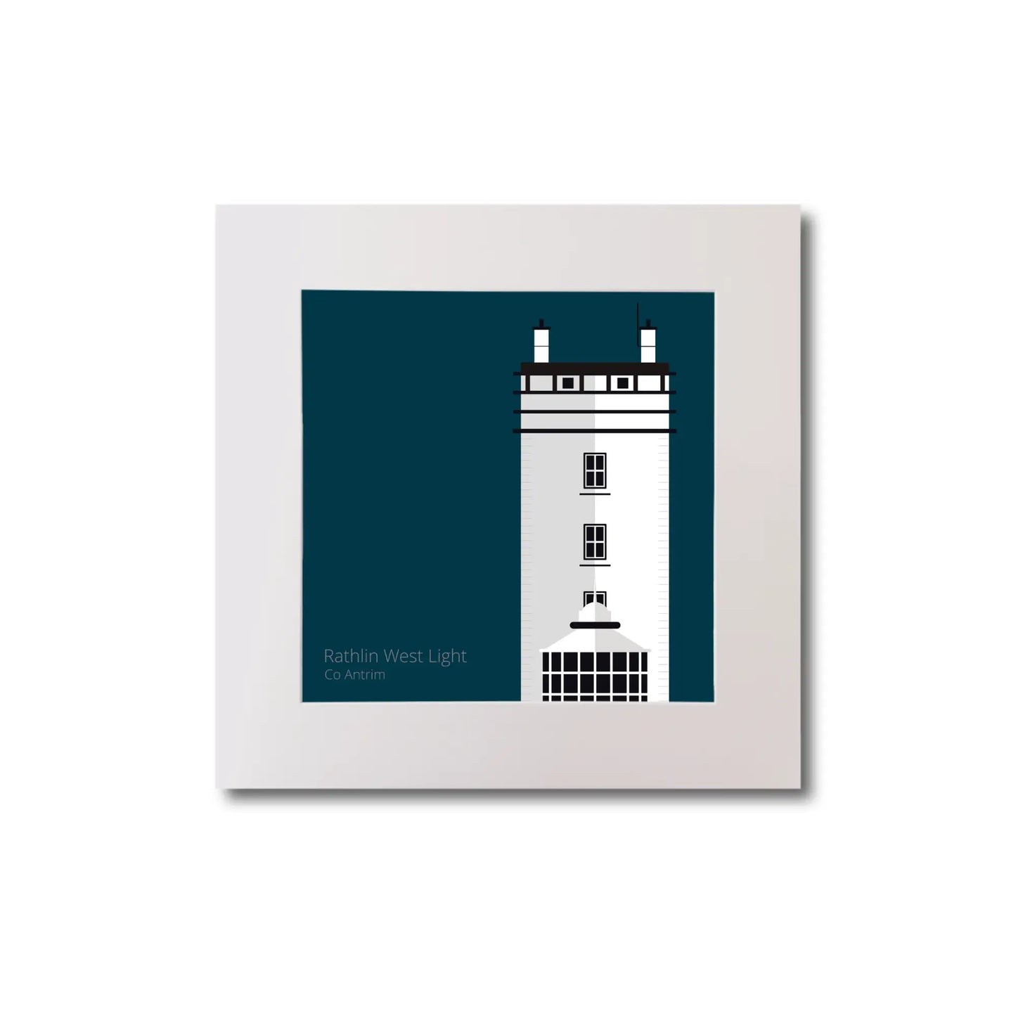 Illustration of Rathlin West lighthouse on a midnight blue background, mounted and measuring 20x20cm.