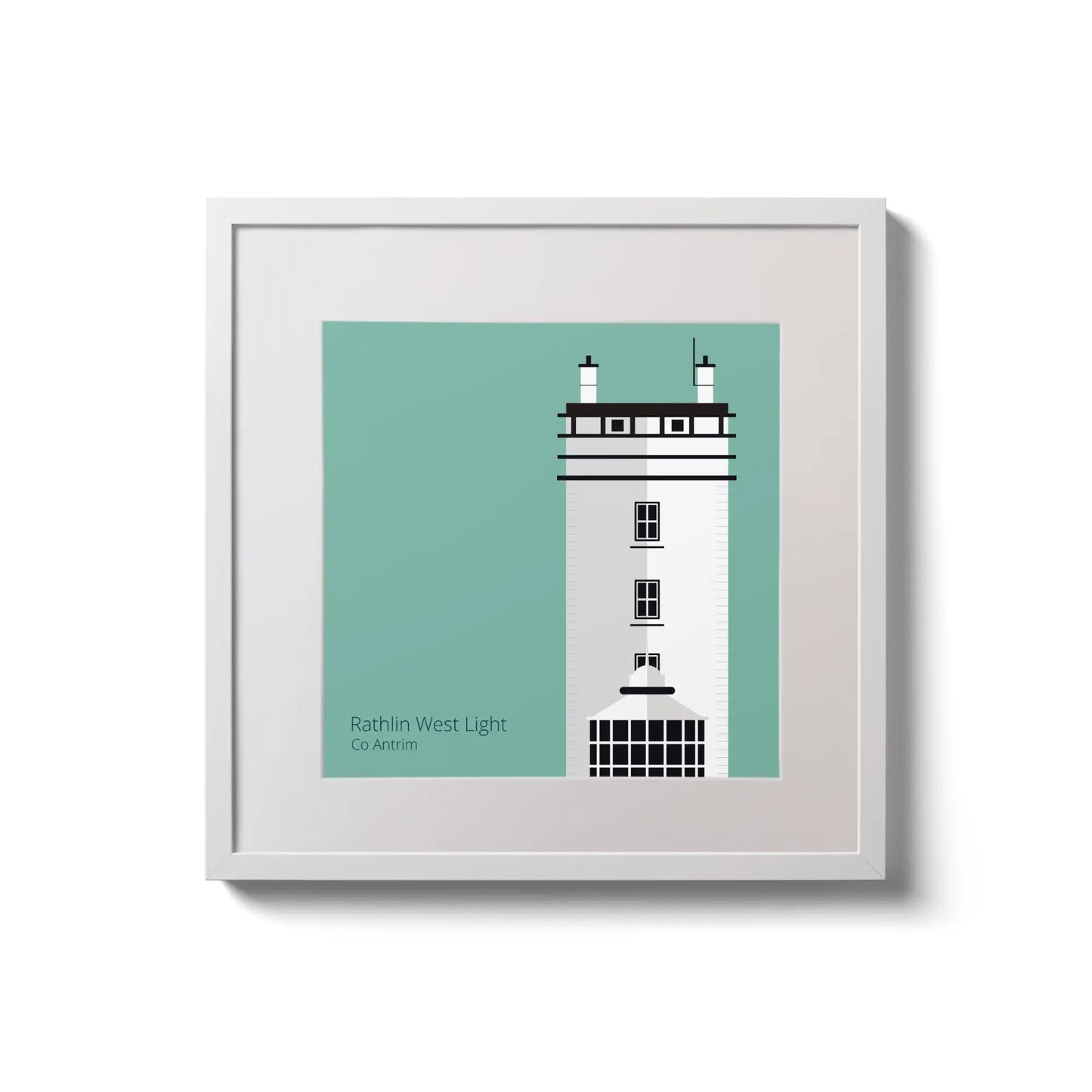 Illustration of Rathlin West lighthouse on an ocean green background,  in a white square frame measuring 20x20cm.
