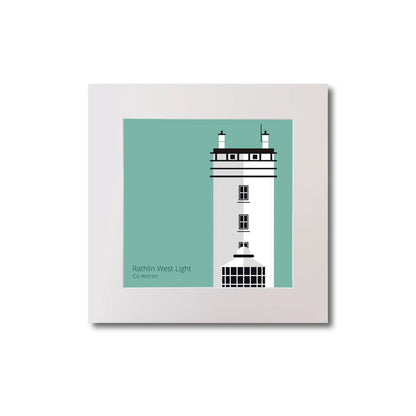 Illustration of Rathlin West lighthouse on an ocean green background, mounted and measuring 20x20cm.