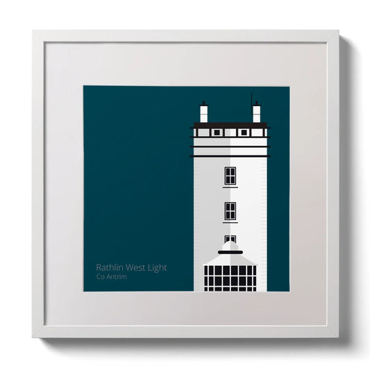 Illustration of Rathlin West lighthouse on a midnight blue background,  in a white square frame measuring 30x30cm.
