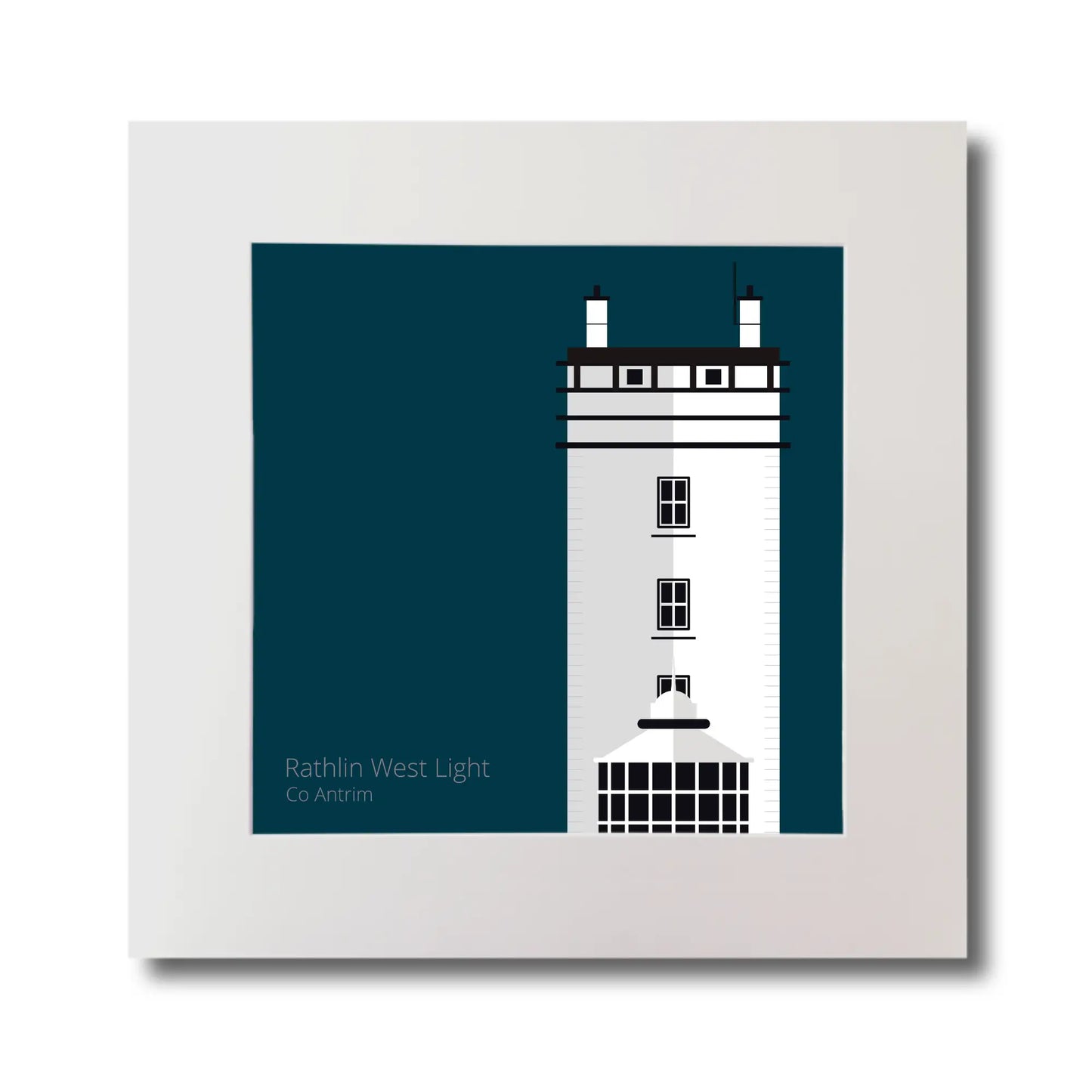 Illustration of Rathlin West lighthouse on a midnight blue background, mounted and measuring 30x30cm.